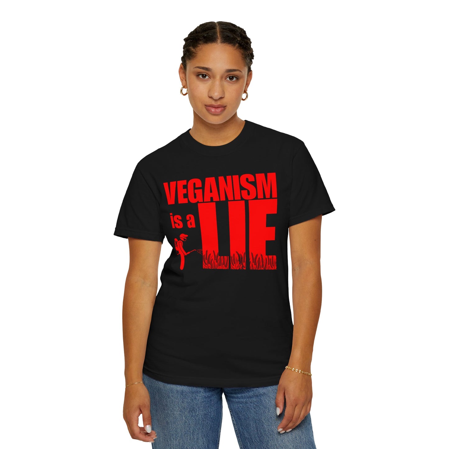 Veganism is a lie T-shirt, Funny Anti-Vegan Unisex Tee, Plant-Based Anti-Vegan Gift Idea!