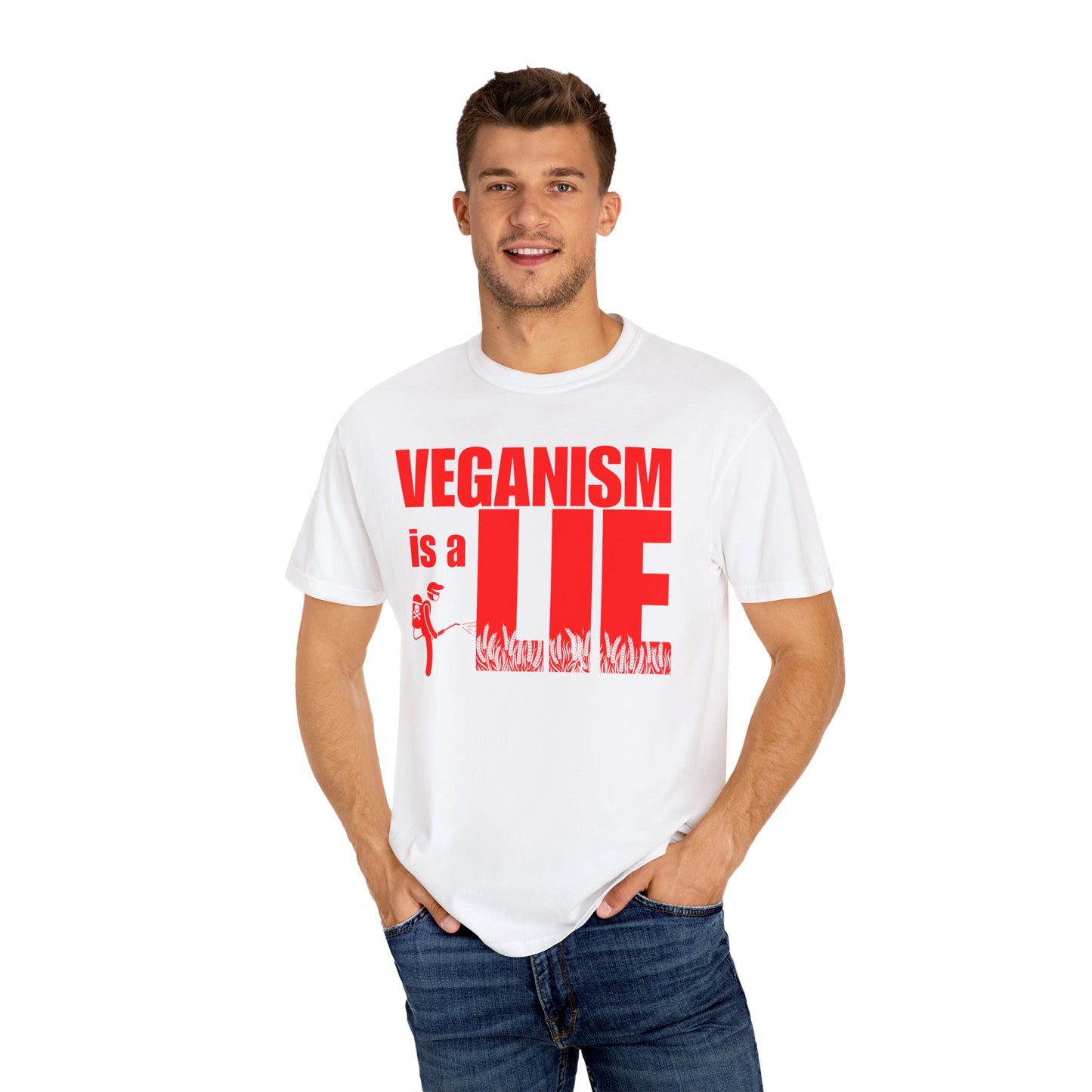 Veganism is a lie T-shirt, Funny Anti-Vegan Unisex Tee, Plant-Based Anti-Vegan Gift Idea!